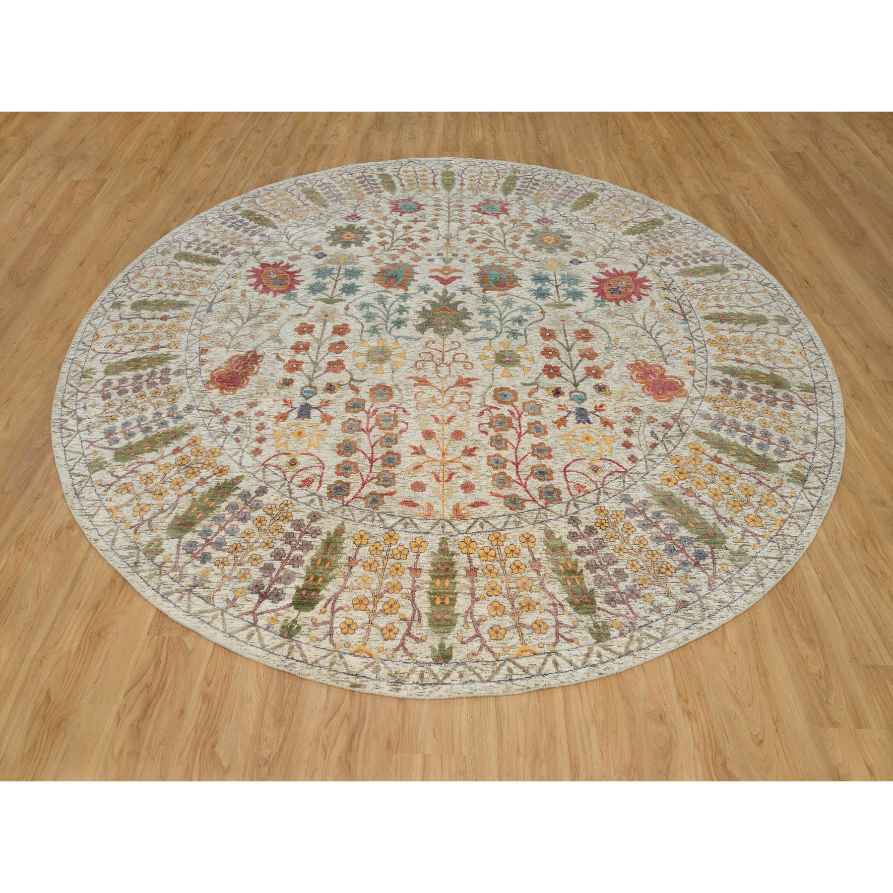 12'x12' Linen Beige, Textured Wool and Silk, Directional Vase Design, Hand Knotted, Oriental Round Rug HR90255 - Image 2