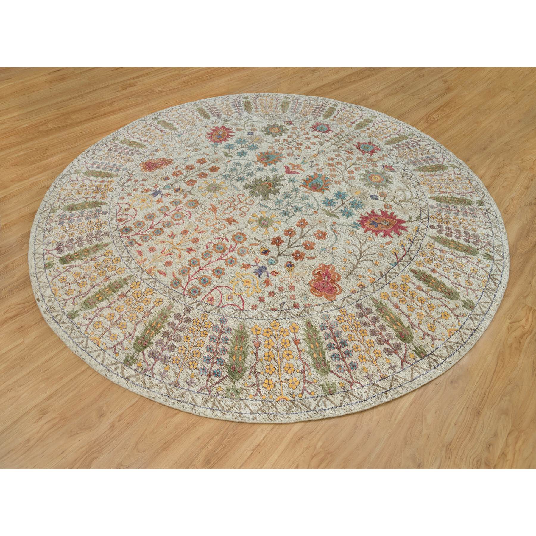 12'x12' Linen Beige, Textured Wool and Silk, Directional Vase Design, Hand Knotted, Oriental Round Rug HR90255 - Image 3