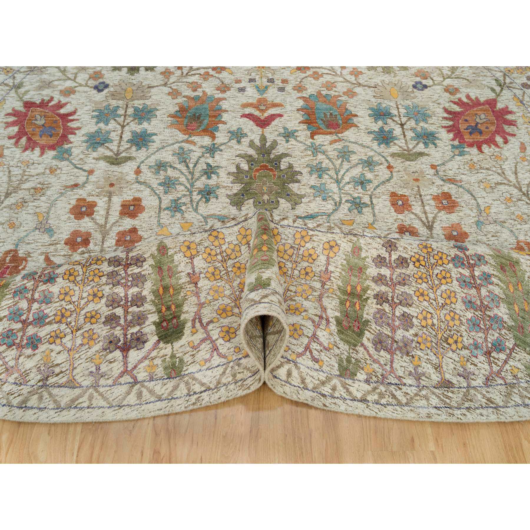 12'x12' Linen Beige, Textured Wool and Silk, Directional Vase Design, Hand Knotted, Oriental Round Rug HR90255 - Image 5