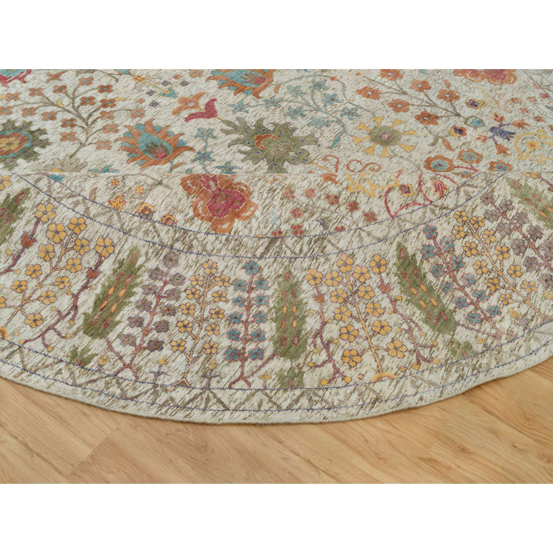 12'x12' Linen Beige, Textured Wool and Silk, Directional Vase Design, Hand Knotted, Oriental Round Rug HR90255 - Image 6