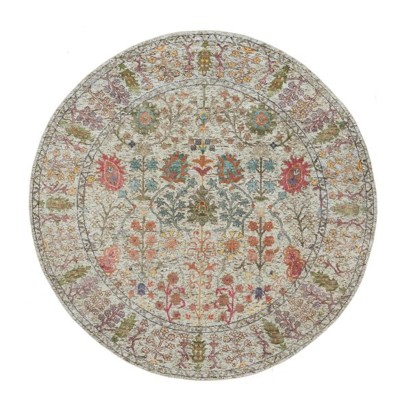 6'x6' Parchment Beige, Directional Hand Knotted Vase Design, Silk With Textured Wool, Round Oriental Rug HR90257