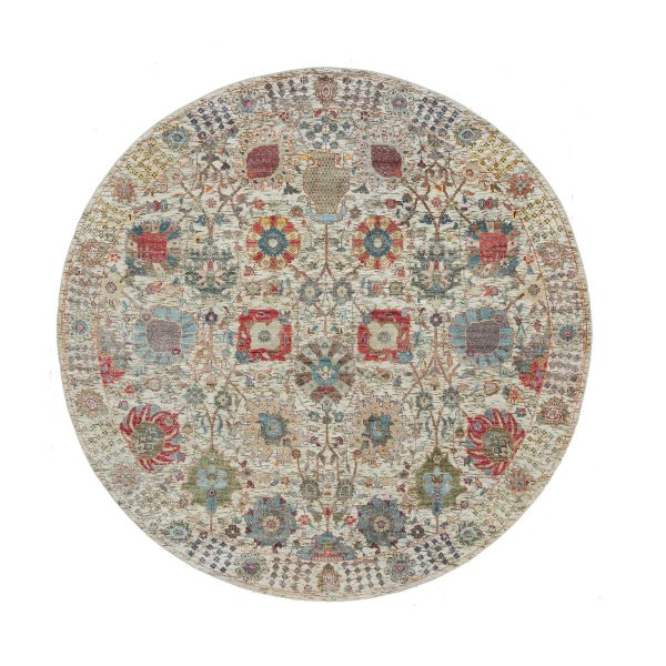 6'x6' Porcelain White, Silk with Textured Wool, Hand Knotted, Tabriz Vase with Flower Design, Oriental Round Rug HR90258