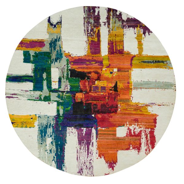 14'x14' Seedpearl Ivory, Wool and Sari Silk Hand Knotted Modern Abstract Motifs with Painter's Brush Strokes, Oriental Round Rug HR90265