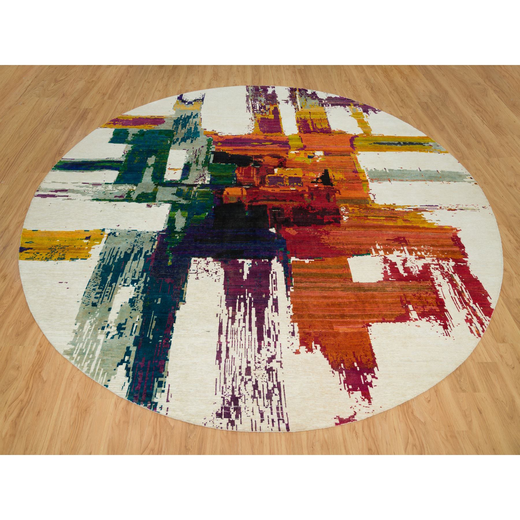 14'x14' Seedpearl Ivory, Wool and Sari Silk Hand Knotted Modern Abstract Motifs with Painter's Brush Strokes, Oriental Round Rug HR90265 - Image 2