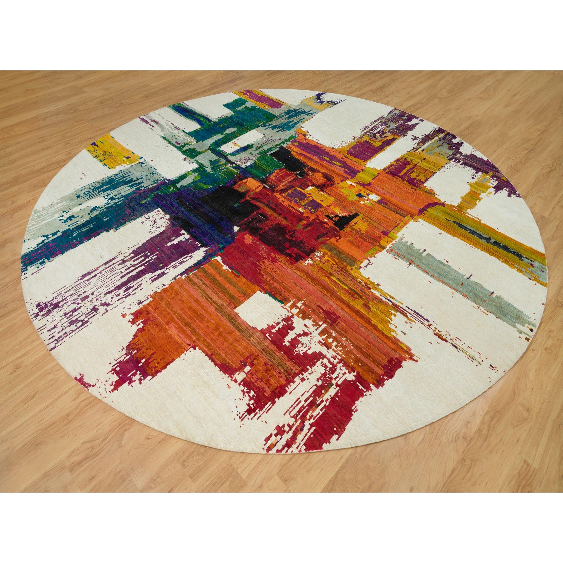 14'x14' Seedpearl Ivory, Wool and Sari Silk Hand Knotted Modern Abstract Motifs with Painter's Brush Strokes, Oriental Round Rug HR90265 - Image 3