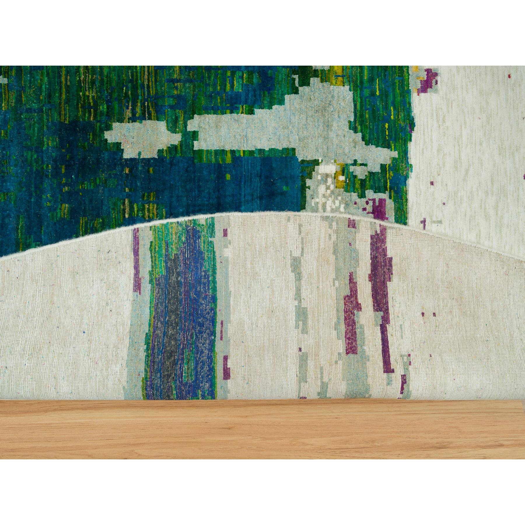 14'x14' Seedpearl Ivory, Wool and Sari Silk Hand Knotted Modern Abstract Motifs with Painter's Brush Strokes, Oriental Round Rug HR90265 - Image 4