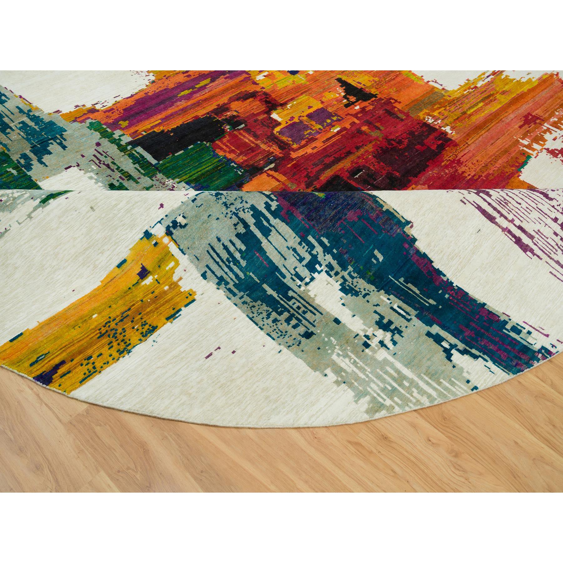 14'x14' Seedpearl Ivory, Wool and Sari Silk Hand Knotted Modern Abstract Motifs with Painter's Brush Strokes, Oriental Round Rug HR90265 - Image 6