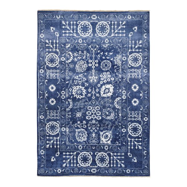 6'x8'10" Tone On Tone Tabriz Hand Knotted Wool and Silk Denim Blue Oriental Rug HR63603