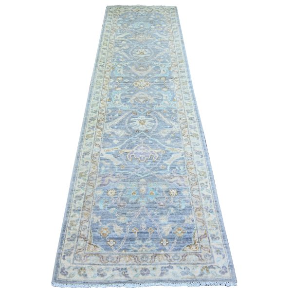 2'7"x9'6" Aegean Blue, Finer Peshawar with All Over Design, Natural Dyes, Extra Soft Wool, Hand Knotted, Runner Oriental Rug HR74135