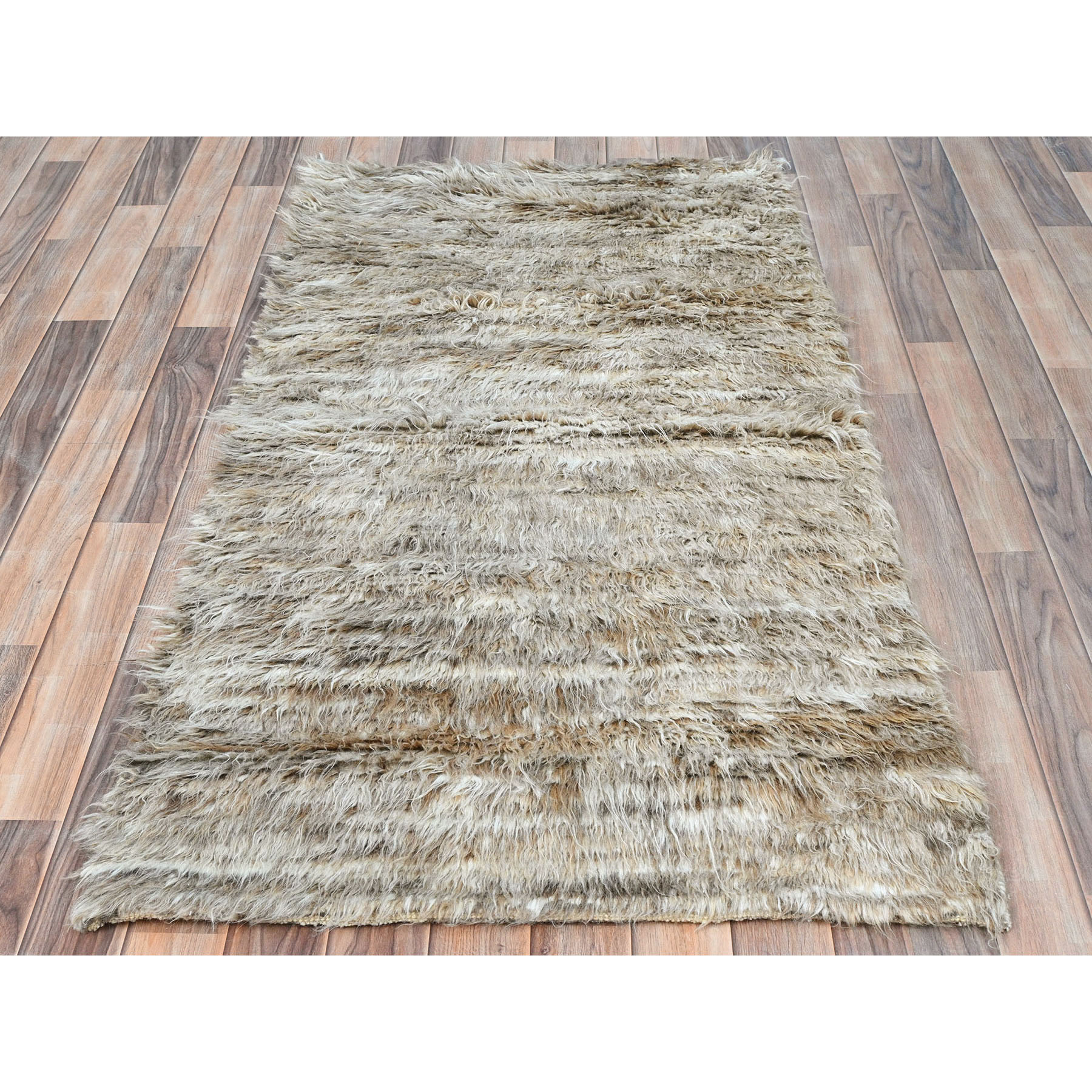 2'10"x5'5" Beige, Shaggy Moroccan Exotic Texture, Undyed Natural Wool Hand Knotted, Oriental Rug HR82024 - Image 2