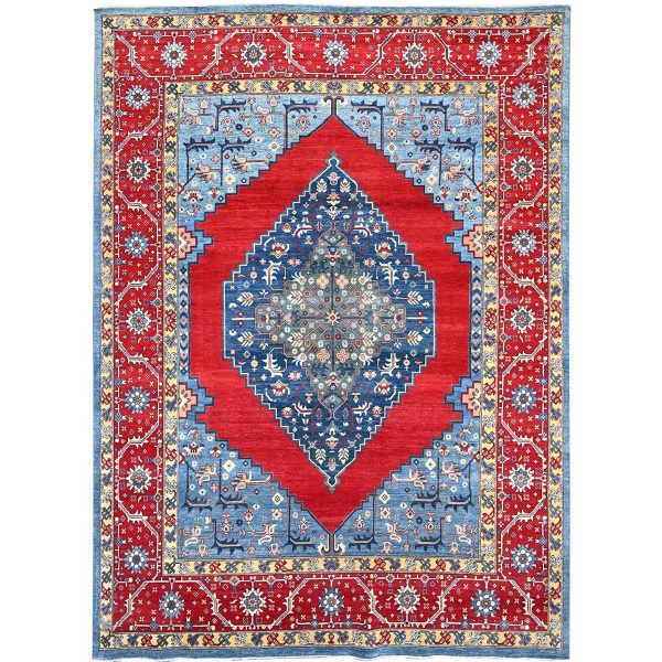 8'10"x12' Tomato Red, Hand Knotted Afghan Heriz Serapi With Open Field Bakshaish Design, Natural Dyes, 100% Wool, Densely Weave, Oriental Rug HR86157