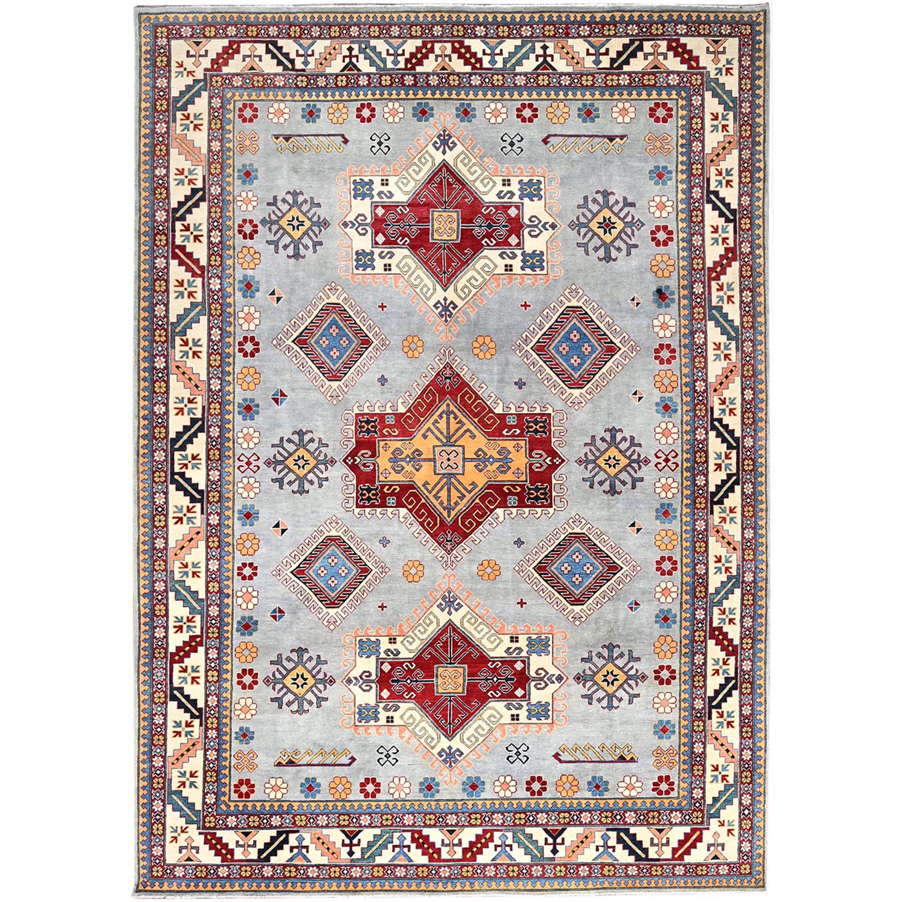 9'10"x13'8" Ice Gray, Hand Knotted Special Kazak Geometric Design, Extra Soft Wool With Vegetable Dyes, Oriental Dense Weave Rug HR86213