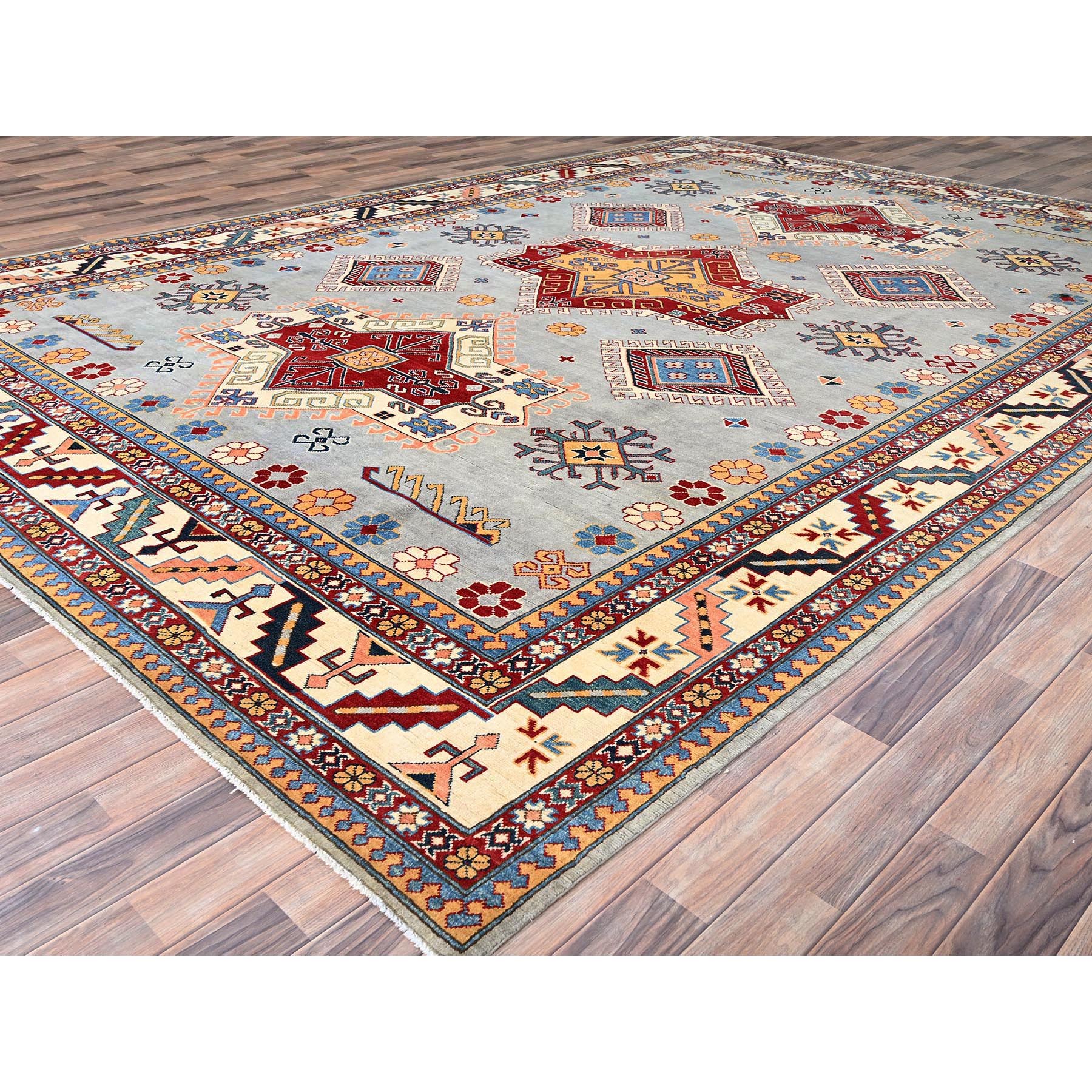9'10"x13'8" Ice Gray, Hand Knotted Special Kazak Geometric Design, Extra Soft Wool With Vegetable Dyes, Oriental Dense Weave Rug HR86213 - Image 4
