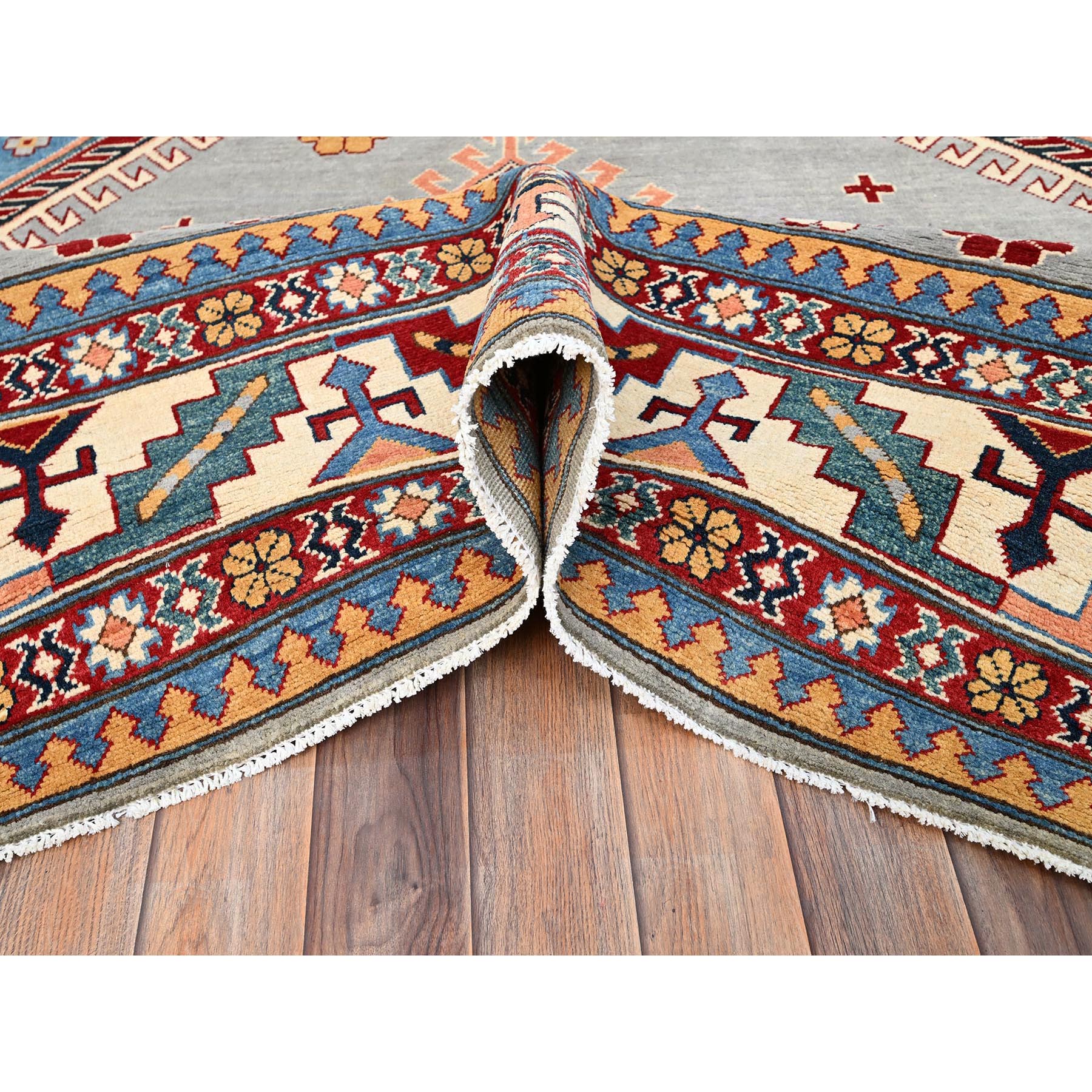 9'10"x13'8" Ice Gray, Hand Knotted Special Kazak Geometric Design, Extra Soft Wool With Vegetable Dyes, Oriental Dense Weave Rug HR86213 - Image 6