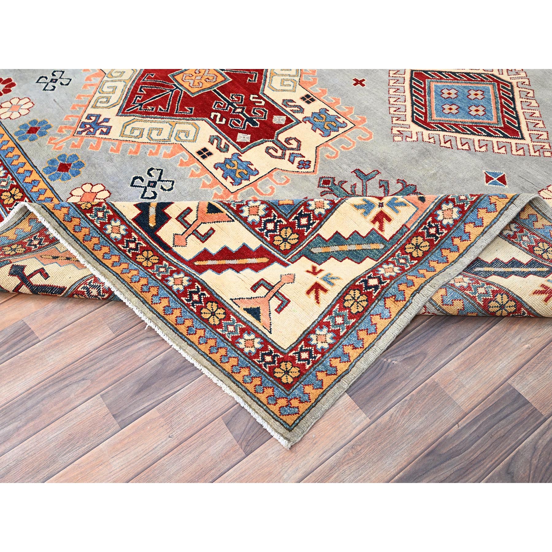 9'10"x13'8" Ice Gray, Hand Knotted Special Kazak Geometric Design, Extra Soft Wool With Vegetable Dyes, Oriental Dense Weave Rug HR86213 - Image 7
