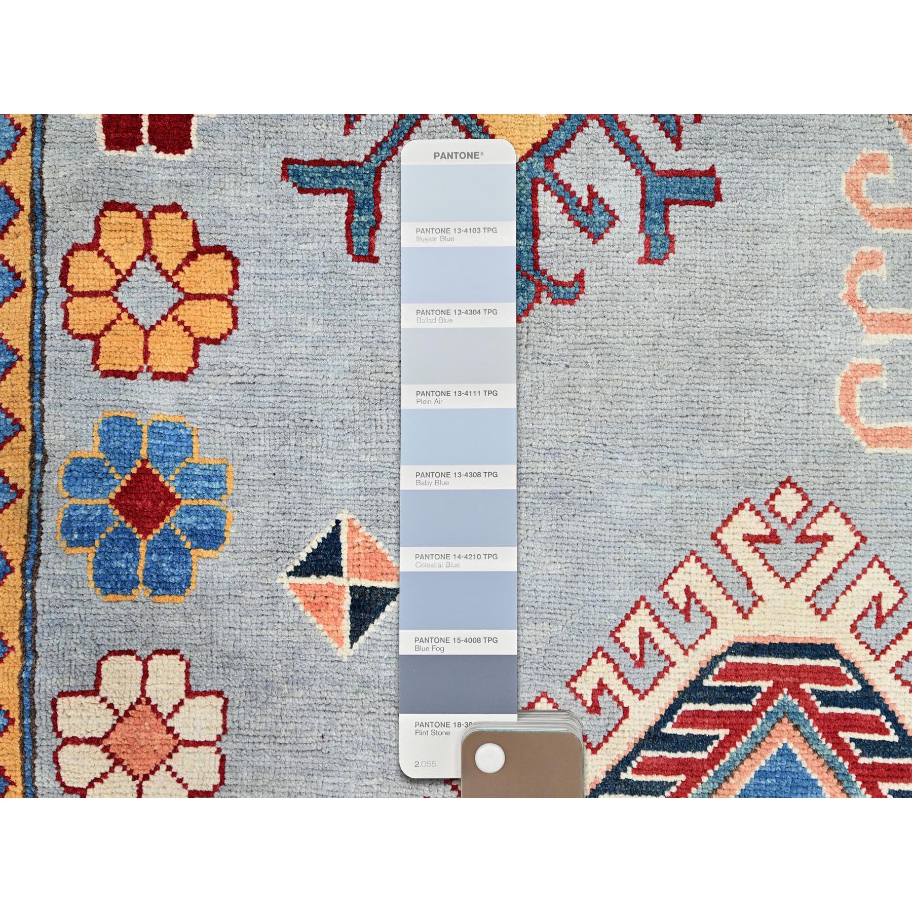 9'10"x13'8" Ice Gray, Hand Knotted Special Kazak Geometric Design, Extra Soft Wool With Vegetable Dyes, Oriental Dense Weave Rug HR86213 - Image 8