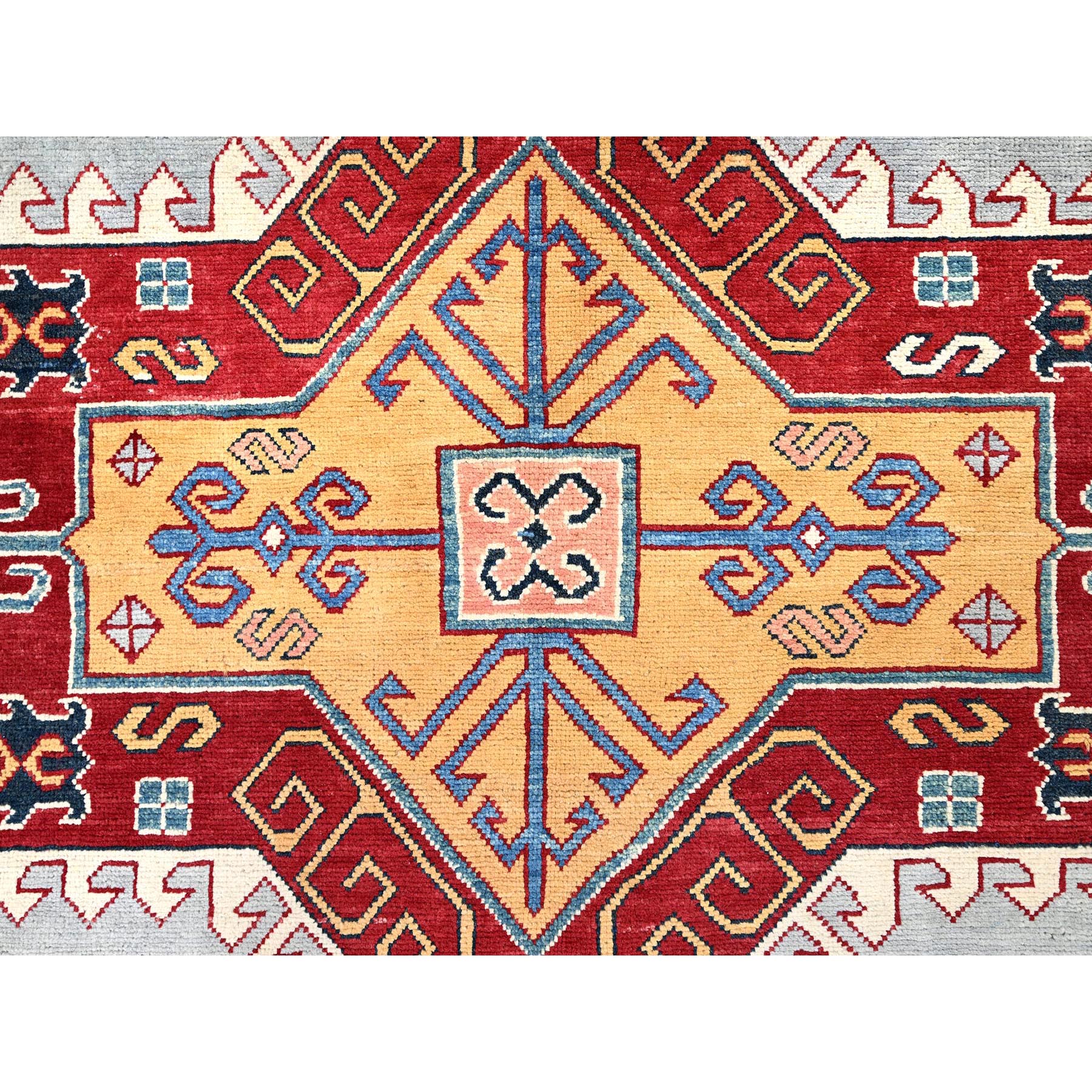 9'10"x13'8" Ice Gray, Hand Knotted Special Kazak Geometric Design, Extra Soft Wool With Vegetable Dyes, Oriental Dense Weave Rug HR86213 - Image 9