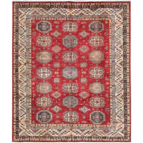 8'4"x9'10" Virgin Lust Red, Hand Knotted, Vegetable Dyes, Organic Wool, Densely Woven, Afghan Super Kazak with Geometric Elements, Oriental Rug HR86267