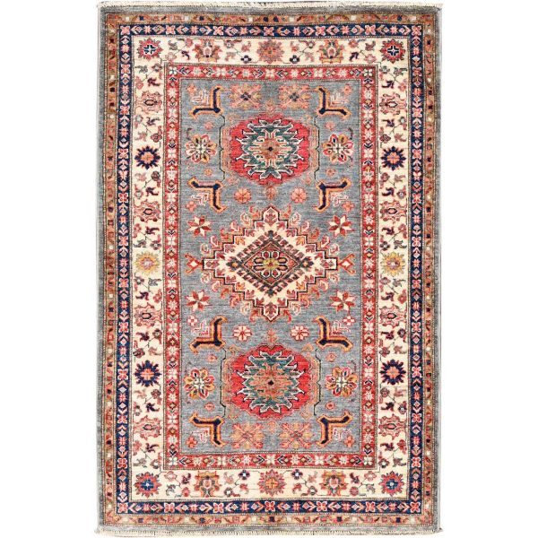 3'4"x5'1" Side Walk Grey, Hand Knotted Special Kazak Triple Medallion, Vibrant Wool With Vegetable Dyes, Oriental Dense Weave Rug HR86315
