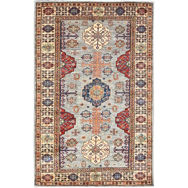 4'x6' Dolphin Gray, Vegetable Dyes, 100% Wool, Densely Woven Afghan Super Kazak with Geometric Elements, Hand Knotted, Oriental Rug HR86320