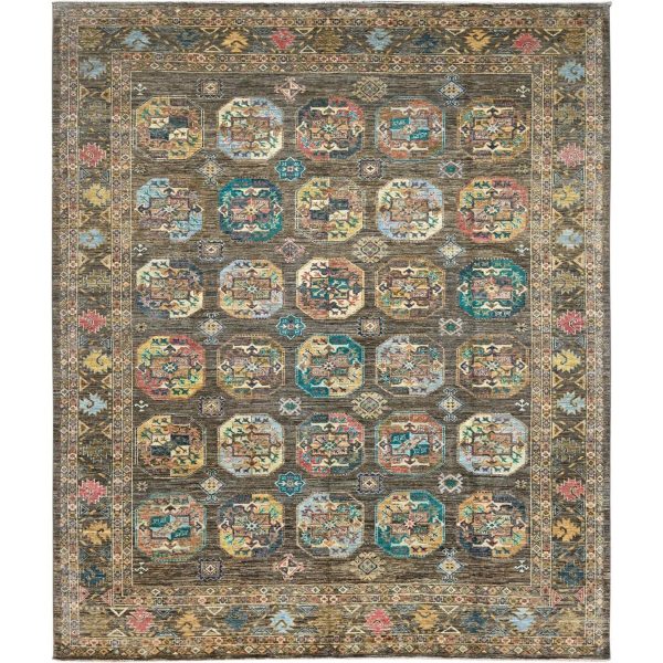 8'5"x10' Covert Green, All Over Motifs, Natural Dyes, Kazak Dense Weave and Tribal Medallion Design Extra Soft Wool Oriental Hand Knotted Rug HR86341