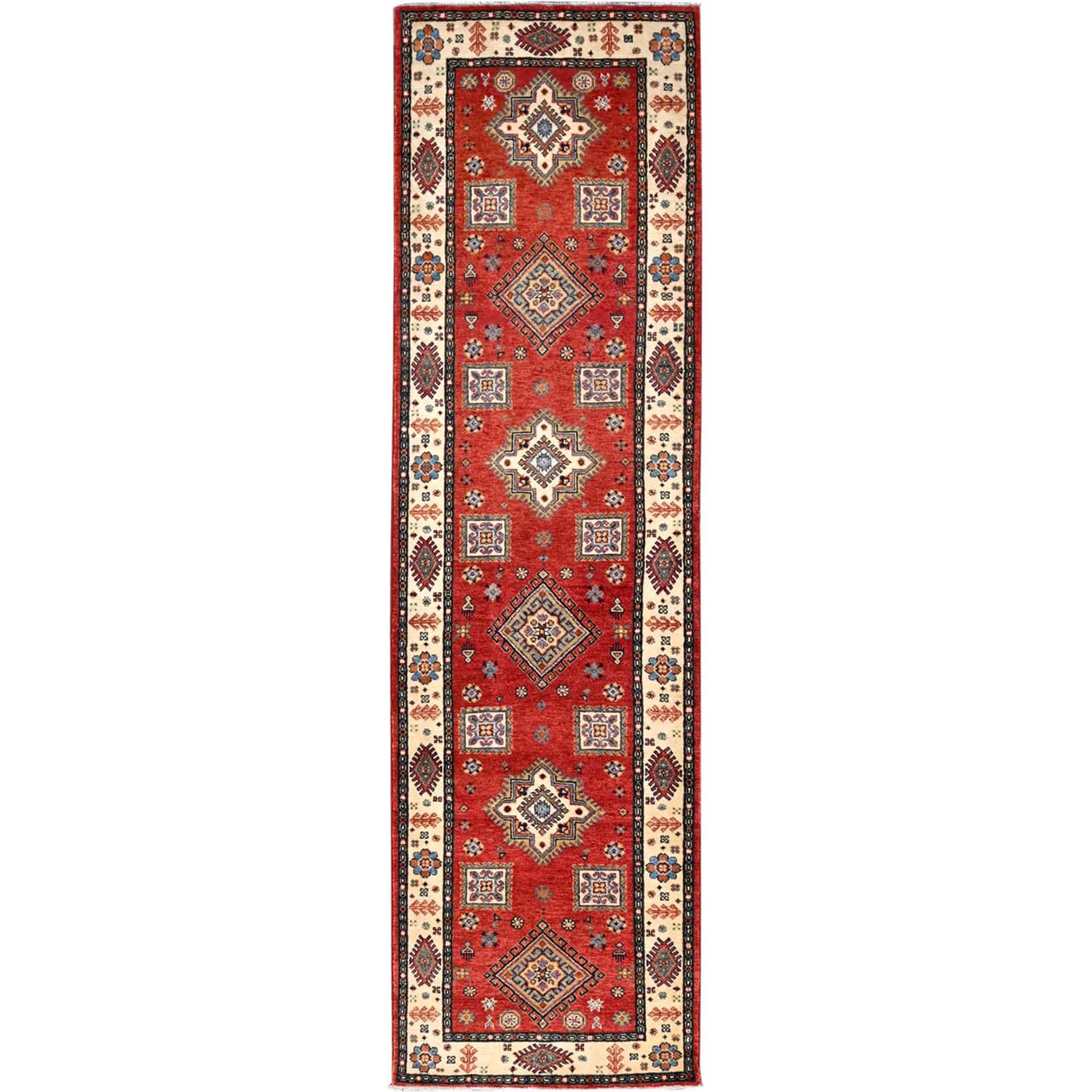 2'8"x9'6" Lattice Red, Hand Knotted Afghan Special Kazak with Geometric Elements, Natural Dyes Densely Woven, Pure Wool, Runner Oriental Rug HR86450