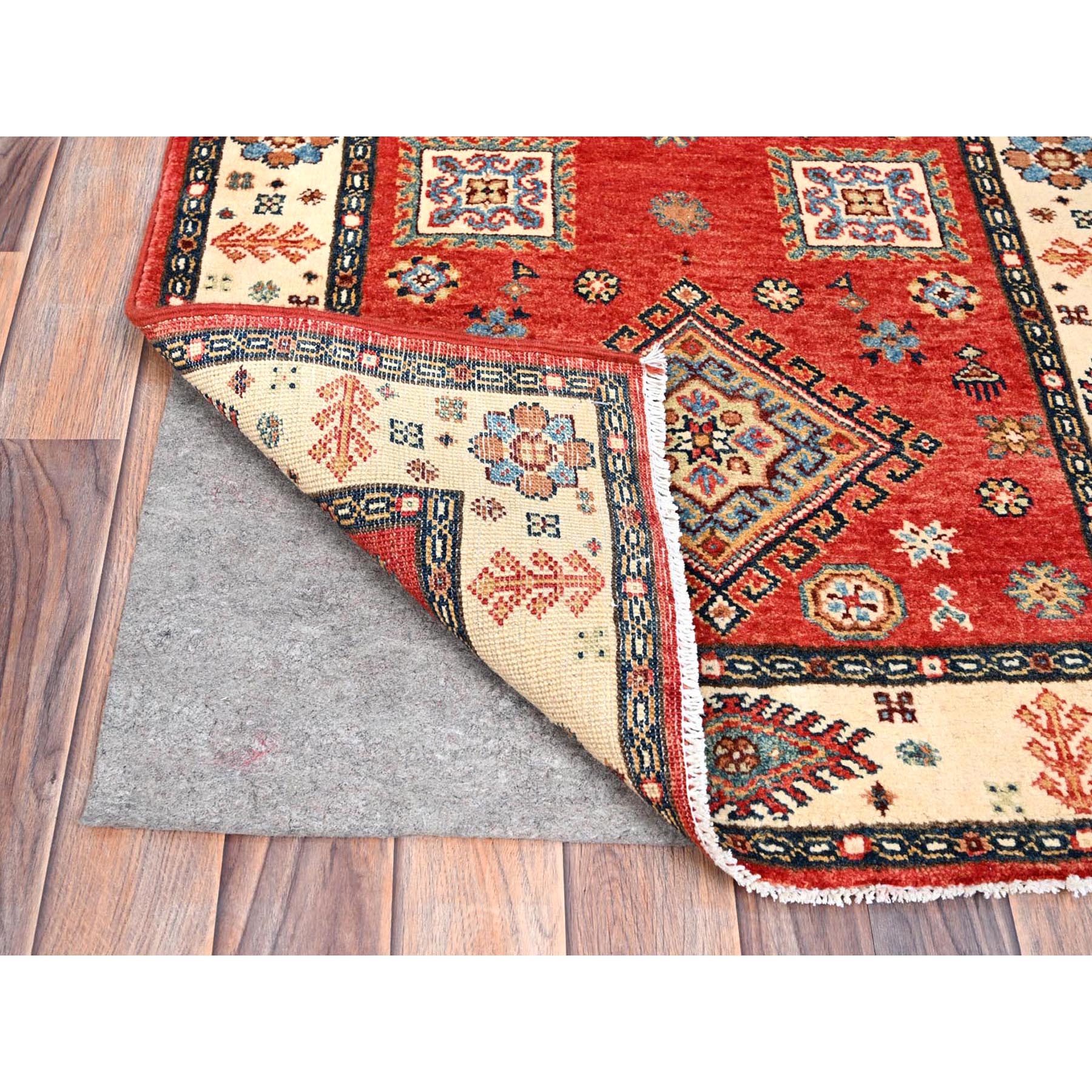 2'8"x9'6" Lattice Red, Hand Knotted Afghan Special Kazak with Geometric Elements, Natural Dyes Densely Woven, Pure Wool, Runner Oriental Rug HR86450 - Image 3