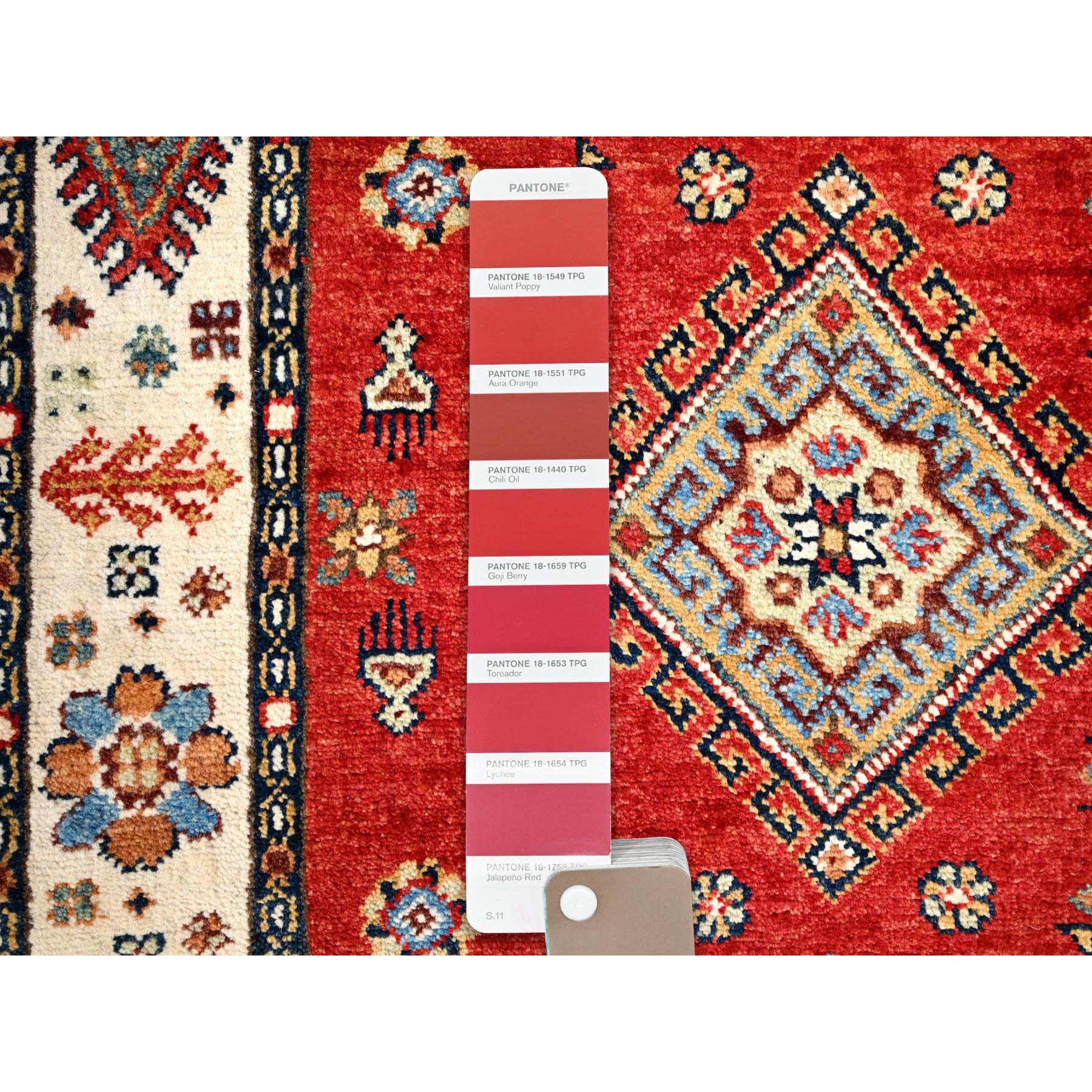 2'8"x9'6" Lattice Red, Hand Knotted Afghan Special Kazak with Geometric Elements, Natural Dyes Densely Woven, Pure Wool, Runner Oriental Rug HR86450 - Image 4