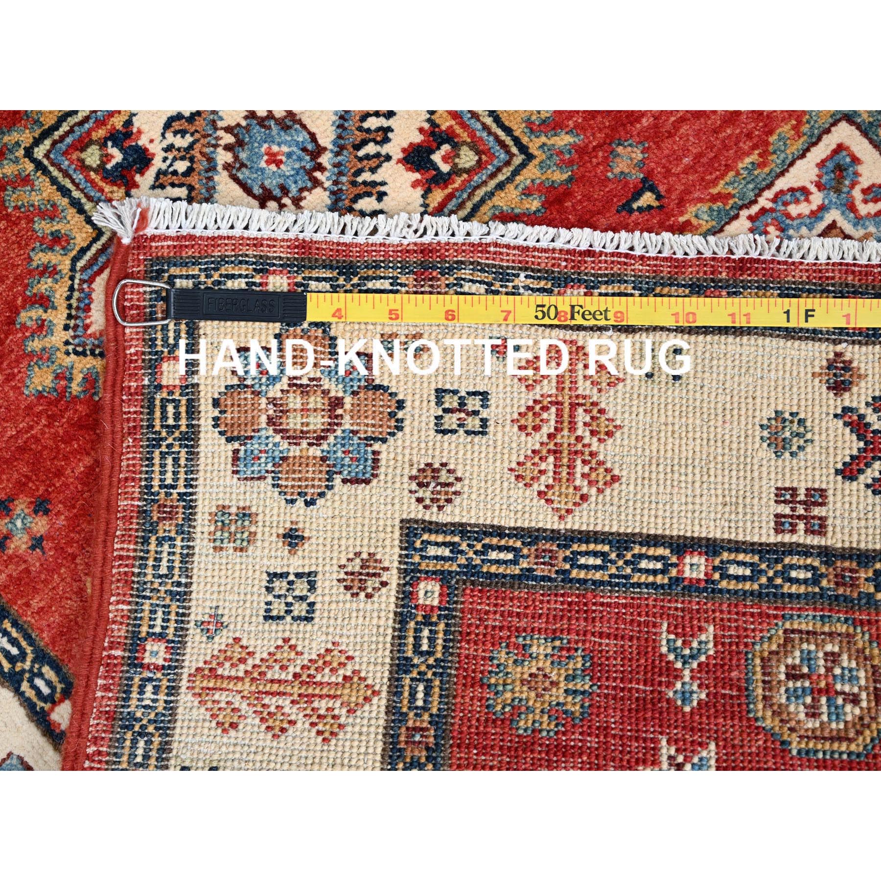 2'8"x9'6" Lattice Red, Hand Knotted Afghan Special Kazak with Geometric Elements, Natural Dyes Densely Woven, Pure Wool, Runner Oriental Rug HR86450 - Image 7