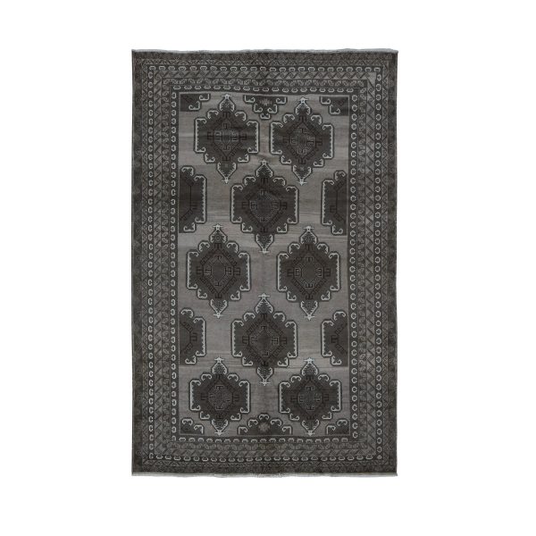 6'3"x9'10" Agreeable Gray, Earthtone Color, Vintage Afghan Balooch with Bold Geometric Pattern, Natural Color, Hand Knotted, Pure Wool, Oriental Rug HR87964