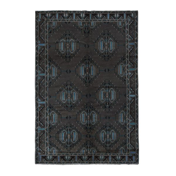 6'8"x9'9" Taupe Brown with Touches of Blue, Earthtone Colors, Afghan Baluch, Bold Geometric Design, Hand Knotted, Pure Wool, Oriental Rug HR87968