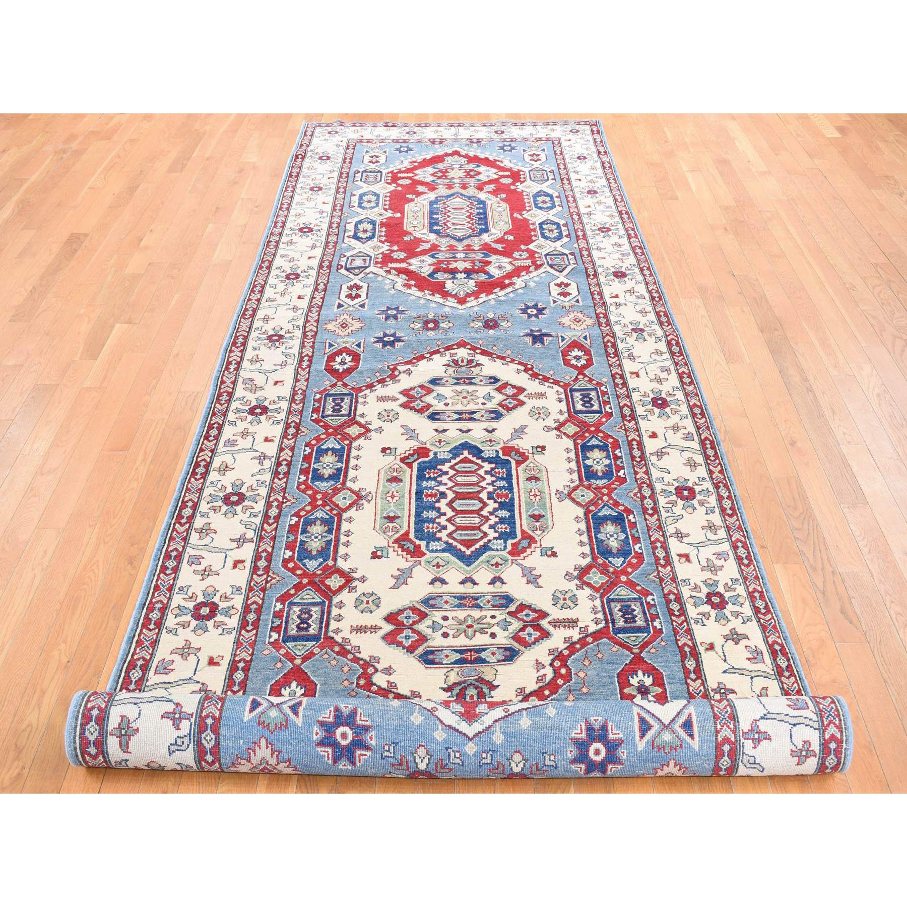5'3"x19'9" Baby Blue, Hand Knotted, 100% Wool, Kazak Tribal Design, Extra Wide and Long Runner, Oriental Rug HR87986 - Image 2