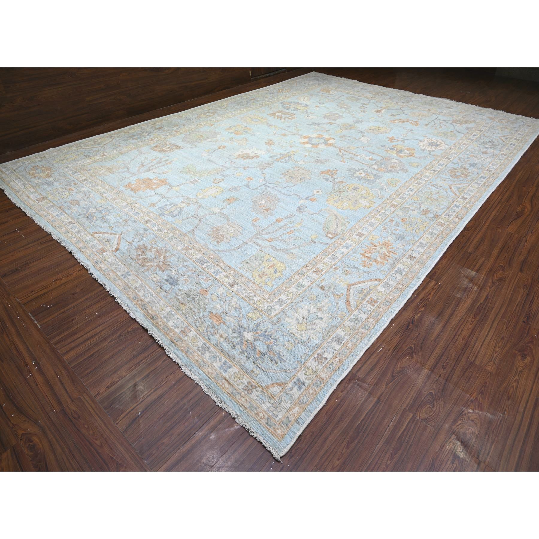 12'2"x17'2" Aero Blue, Hand Knotted, Afghan Angora Oushak with All Over Floral Pattern, Natural Dyes Organic Wool, Oriental Rug HR88068 - Image 3