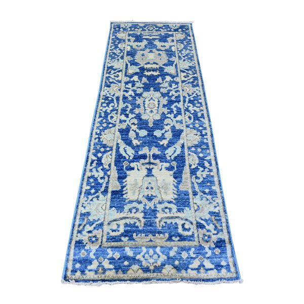 2'7"x7'10" Luxe Blue, Natural Dyes and Organic Wool, Afghan Angora Oushak All Over Motifs, Hand Knotted Oriental Runner Rug HR88147