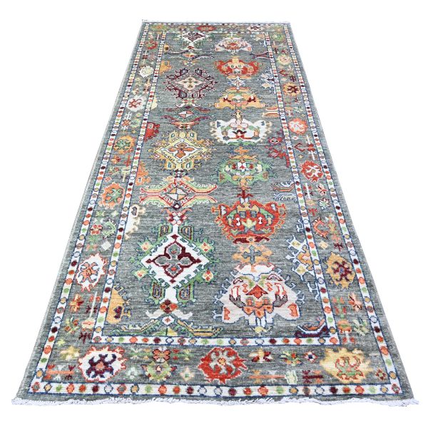 4'2"x10'3" Brewster Gray, Natural Dyes,  Afghan Angora Oushak All Over Pattern, Pop Of Colors, Hand Knotted 100% Wool, Oriental Wide Runner Rug HR88234