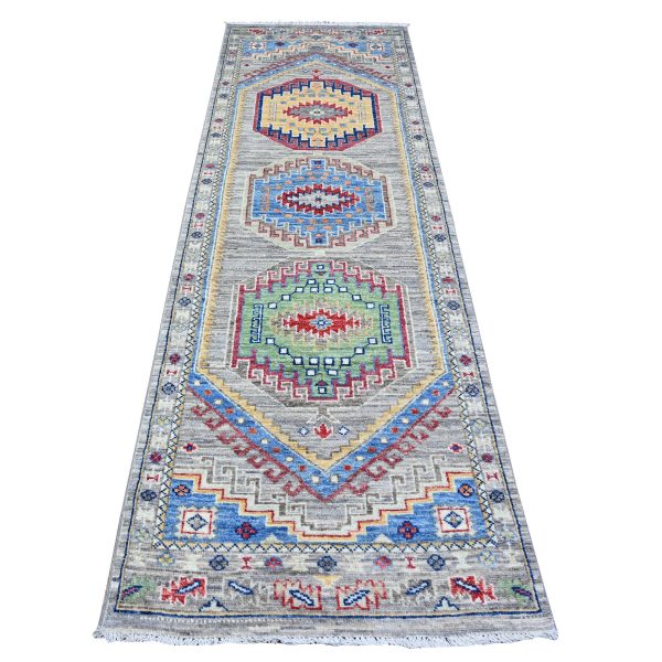 3'1"x9'9" Coastal Gray, Afghan Hand Knotted Vegetable Dyes Angora Oushak With Large Medallions Design, Oriental Organic Wool Runner Rug HR88247