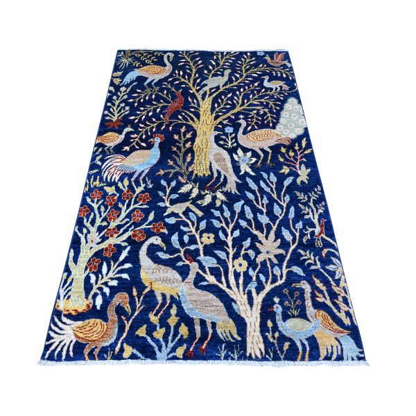 3'9"x6'1" Yale Blue, Afghan Peshawar with Birds of Paradise, Hand Knotted, Vegetable Dyes, Organic Wool, Oriental Rug HR88320
