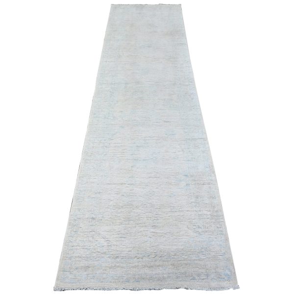 2'6"x9'7" Peppermint White, White Wash Peshawar, Hand Knotted, Luxurious Wool, Runner Oriental Rug HR88357