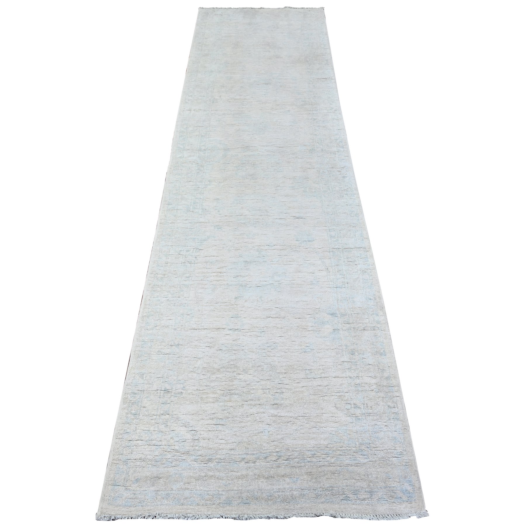 2'6"x9'7" Peppermint White, White Wash Peshawar, Hand Knotted, Luxurious Wool, Runner Oriental Rug HR88357