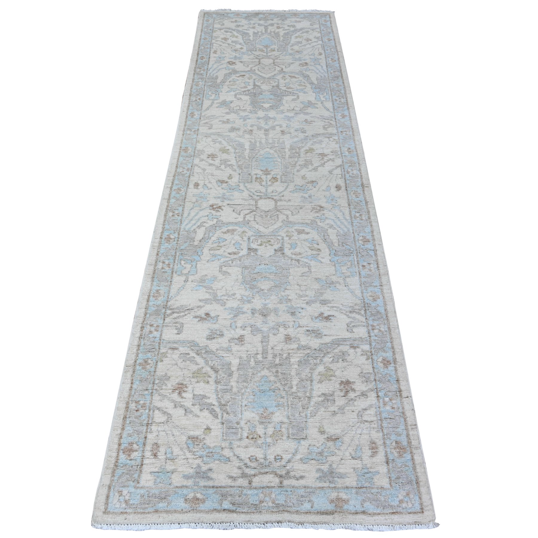 2'8"x9'6" Vista White, Stone Wash Peshawar, Hand Knotted, Vegetable Dyes, Organic Wool, Runner Oriental Rug HR88360