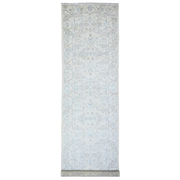 4'x16'1" Lily White, Hand Knotted Faded Out  Afghan Angora Oushak With All Over Design, Soft and Vibrant Wool, Oriental Wide Runner Rug HR88436