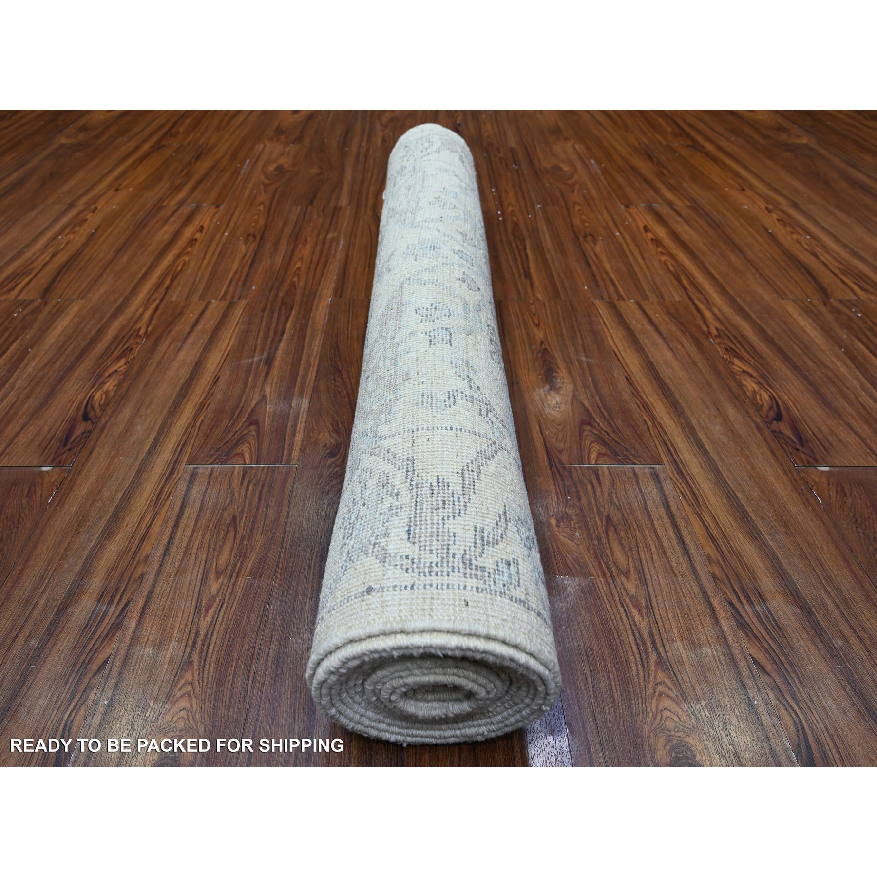 4'x16'1" Lily White, Hand Knotted Faded Out Afghan Angora Oushak With All Over Design, Soft and Vibrant Wool, Oriental Wide Runner Rug HR88436 - Image 4