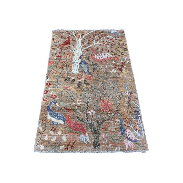 3'x4'9" Cafe au lait Brown, Hand Knotted, Afghan Peshawar with Birds of Paradise, Vegetable Dyes, Organic Wool, Oriental Rug HR88500