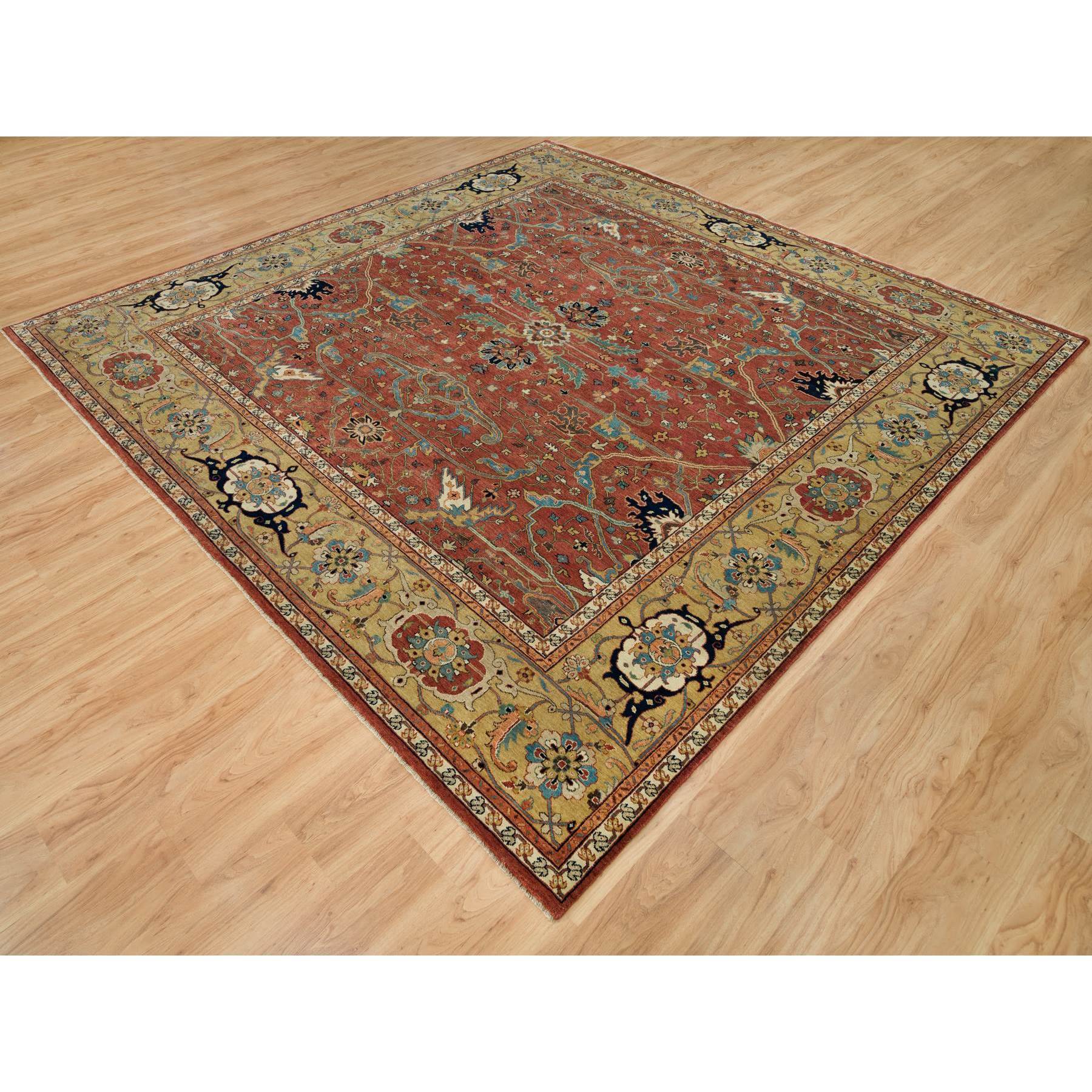 10'x10' Henna Red and Vegas Gold, Hand Knotted with Organic Wool Antiqued Heriz Re-Creation All Over Flowers Design, Square Oriental Densely Woven Rug HR90269 - Image 3
