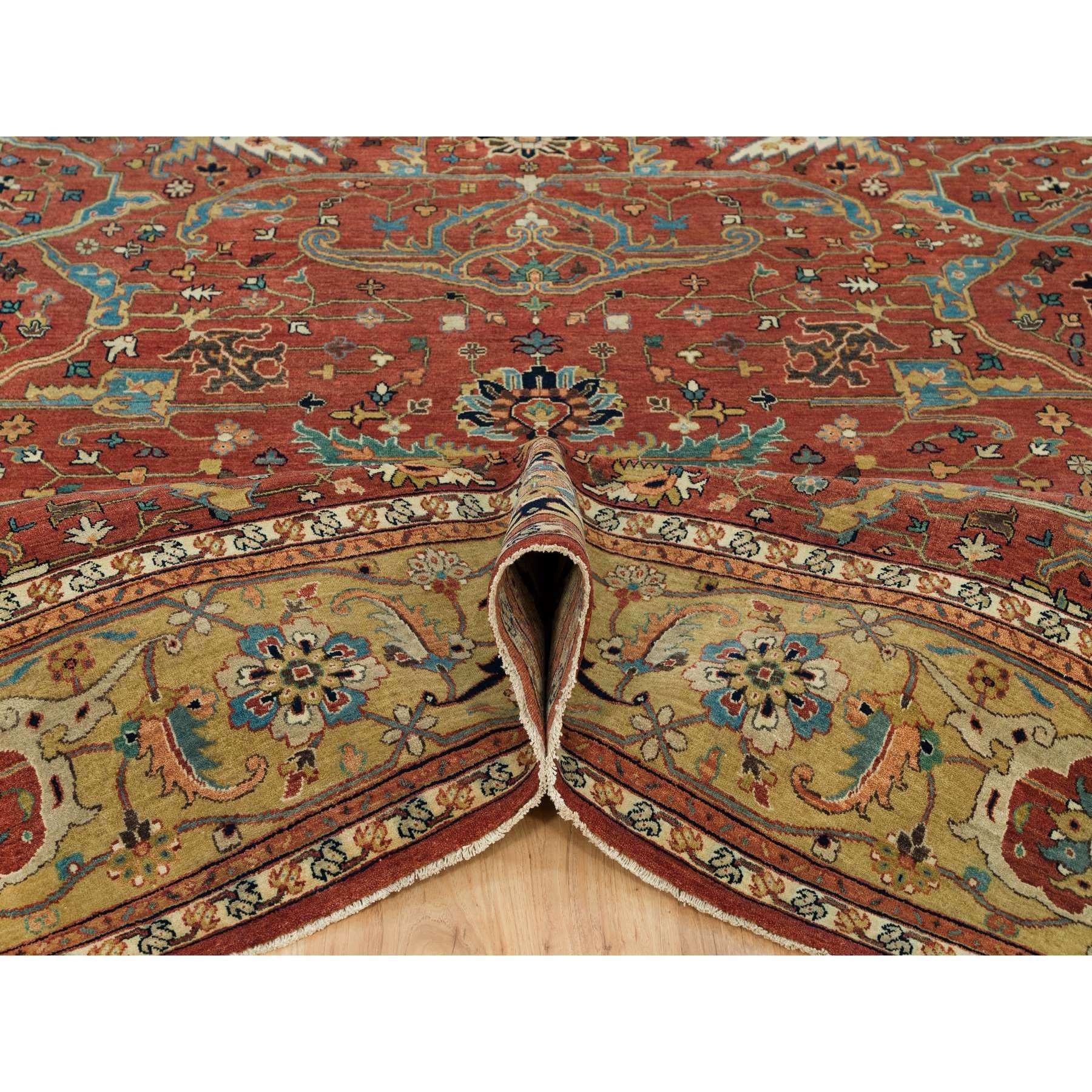 10'x10' Henna Red and Vegas Gold, Hand Knotted with Organic Wool Antiqued Heriz Re-Creation All Over Flowers Design, Square Oriental Densely Woven Rug HR90269 - Image 5