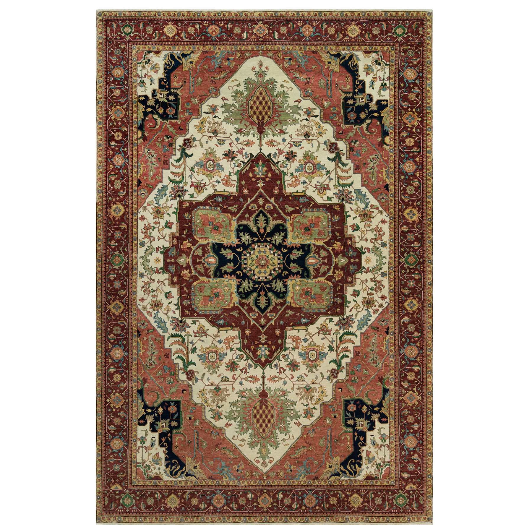 11'9"x18'2" Seedpearl White, Antiqued Fine Heriz, Re-Creation Hand Knotted 100% Wool Large Medallion Design, Natural Dyes Densely Woven, Oversized Oriental Rug HR90291