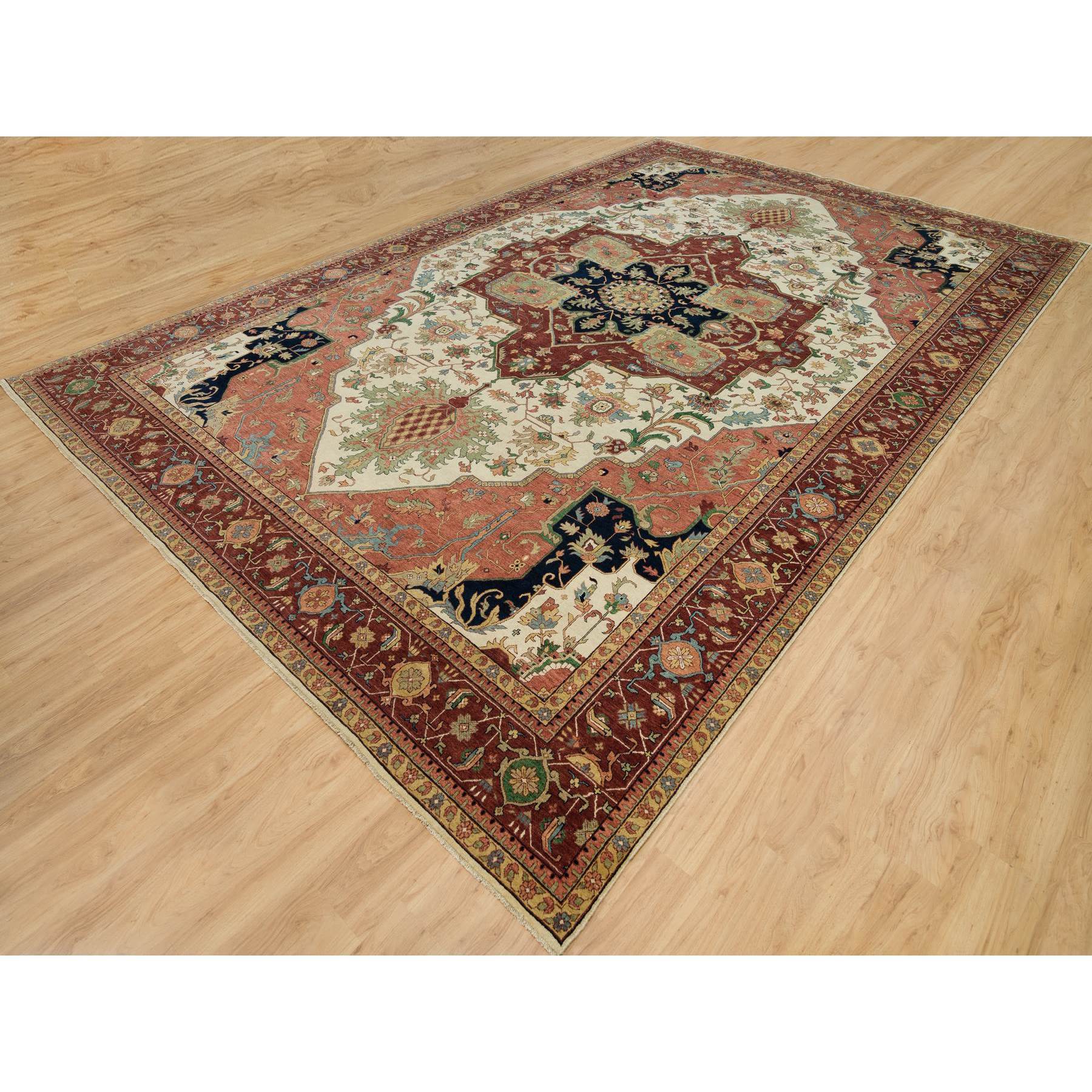 11'9"x18'2" Seedpearl White, Antiqued Fine Heriz, Re-Creation Hand Knotted 100% Wool Large Medallion Design, Natural Dyes Densely Woven, Oversized Oriental Rug HR90291 - Image 3