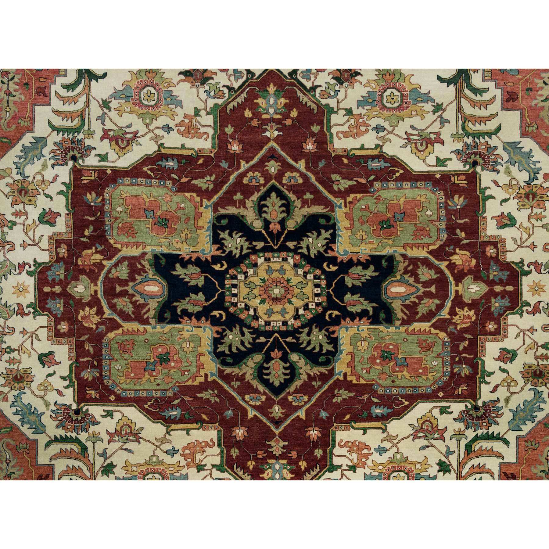 11'9"x18'2" Seedpearl White, Antiqued Fine Heriz, Re-Creation Hand Knotted 100% Wool Large Medallion Design, Natural Dyes Densely Woven, Oversized Oriental Rug HR90291 - Image 8