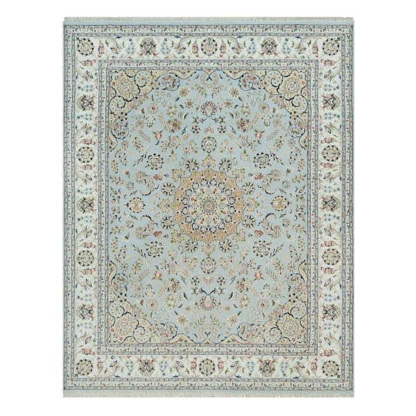 7'7"x9'9" Celeste Blue, 250 KPSI, Nain with Floral Pattern, 100% Wool, Hand Knotted, Square Oriental Rug HR90319