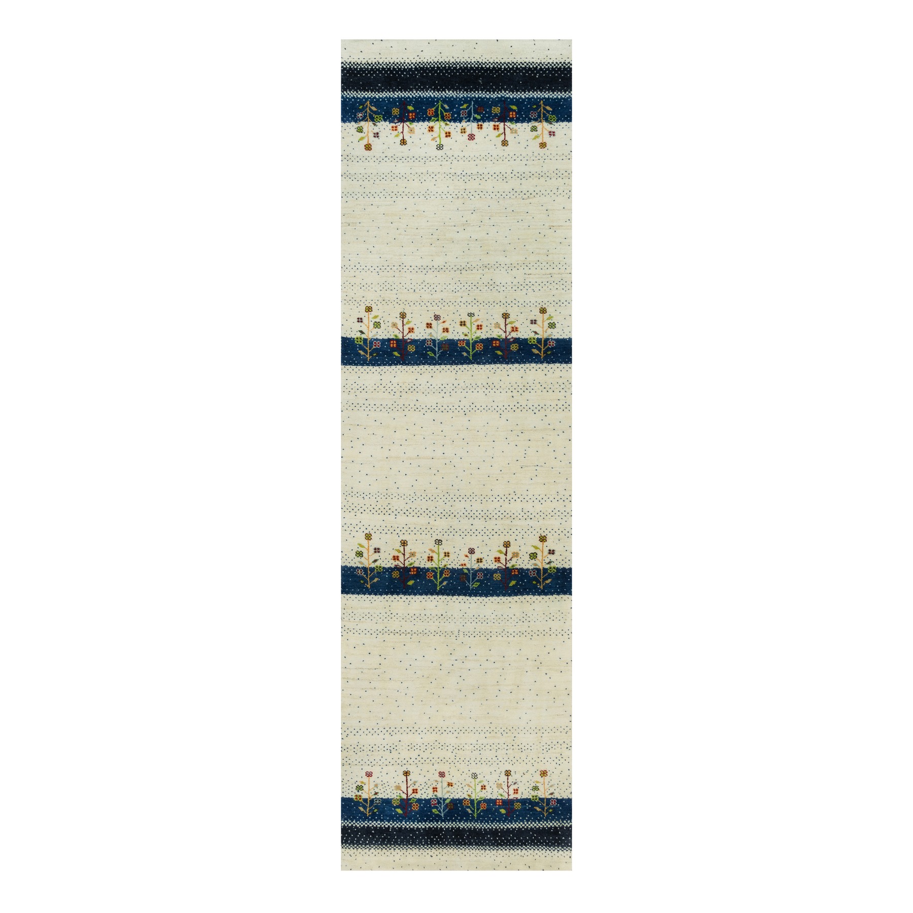 2'7"x9'6" Retro White, Modern Lori Buft Gabbeh Tree Design, 100% Wool, Thick and Plush, Hand Knotted Oriental Runner Rug HR90396